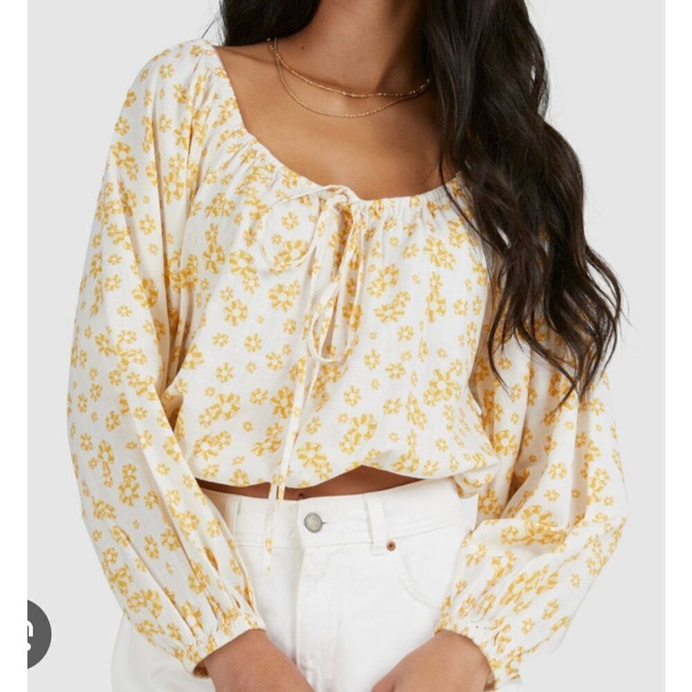 Roxy yellow floral puff sleeve crop blouse size large